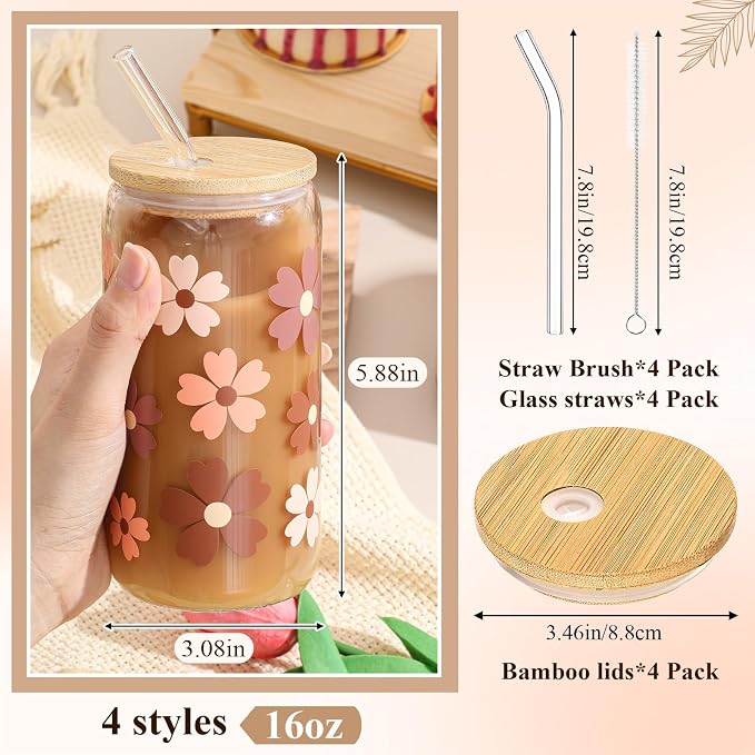 Mumufy 4 Pack Wildflower Glass Cups Gift Aesthetic Cute Glass Cup Tumbler - Image 2