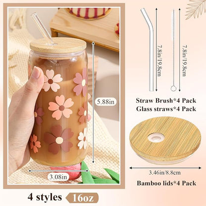 Mumufy 4 Pack Wildflower Glass Cups Gift Aesthetic Cute Glass Cup Tumbler - Image 2