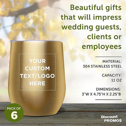 Custom Stemless Wine Glass Tumblers with Lids by Largo 11 oz. Set of 6, Personalized Bulk Pack - Perfect for Wine, Cocktails, Other Hot & Cold Beverages - Gold