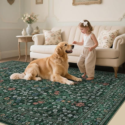 GarveeHome Washable Rug for Living Room, 8x10 Large Area Rug for Dining Room Under Table, Bedroom, Floral Soft Low Pile Non Slip Stain Resistant Carpet for Nursery, Playroom, Office, Dark Green