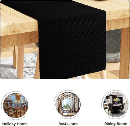 Encasa XO Table Runner, Yarn Dyed Ribbed Cotton 13"x79" | Solid Black, 12-Ply - Image 4