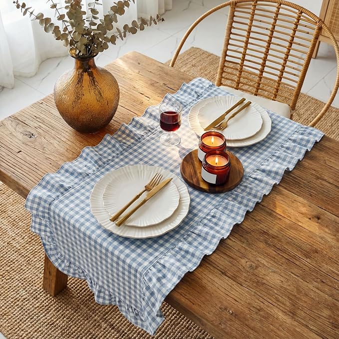 HunnmingRe 1 Pc Gingham Table Runner Blue, 118 X 13.8 Inch | Cotton Dresser - Image 3