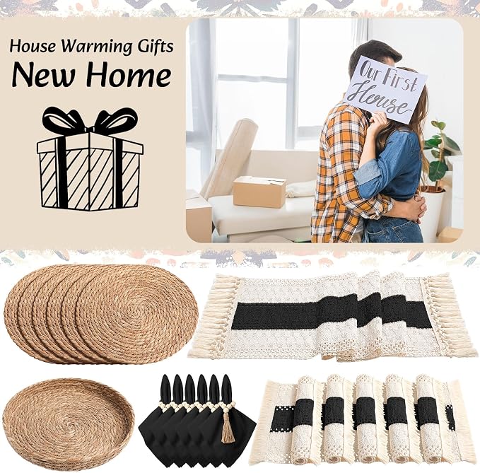 6 Sets Boho Decoration Placemats Round Woven Placemats, Cloth Napkins, Wood - Image 7