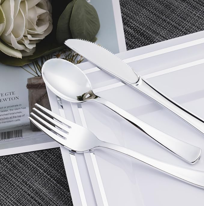 300PCS Silver Plastic Silverware, Disposable Utensils & Cutlery | 100 Forks - Image 7