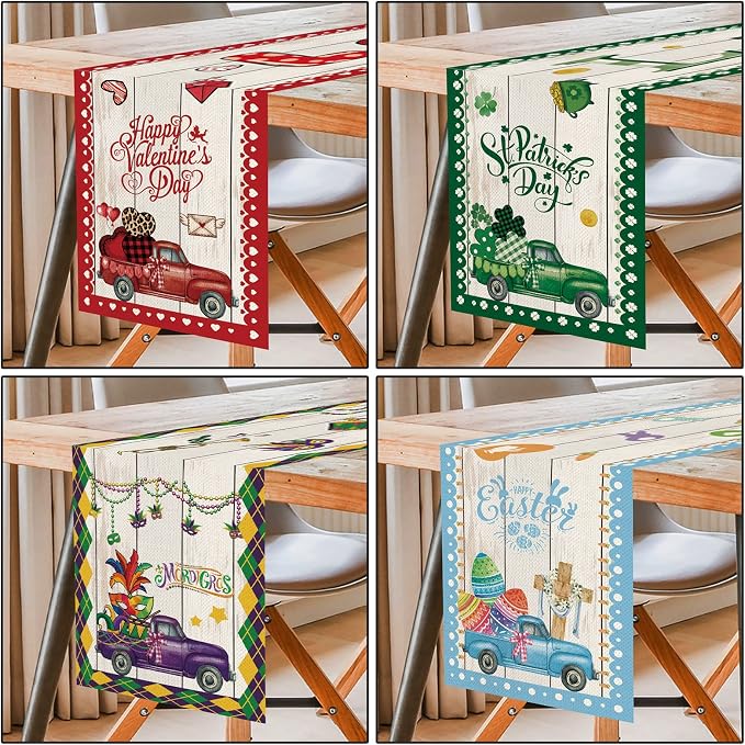 8 Pcs Truck Holiday Table Runner 72 Inches Long, Plaid Valentines Day St - Image 3