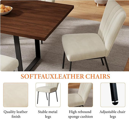 ZckyCine 63"-79" Expandable Dining Table Set for 6-8, Modern Walnut Table with Metal Legs and 6 White Velvet Upholstered Chairs, Kitchen & Dining Room Furniture, Easy Assembly