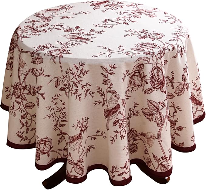 ISAENNE Designer Vintage Linen Round Tablecloth,Red Floral Pattern Linen Stain Resistant Table Cloth,Decor Tablecloths for Dining Thanksgiving Kitchen Christmas,Diameter 67"-Harmony