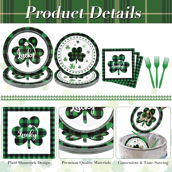 96 Pieces St. Patrick’s Day Tableware Set – Green and Black Plaid Shamrock - Image 3