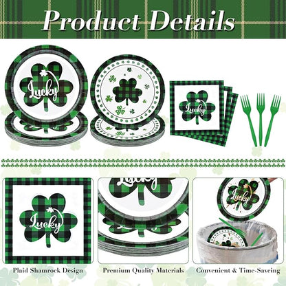 96 Pieces St. Patrick’s Day Tableware Set – Green and Black Plaid Shamrock - Image 3