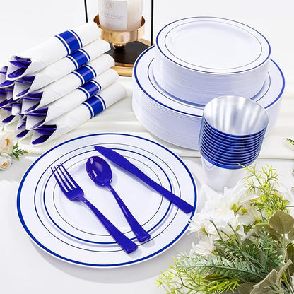 WELLIFE 350 Pcs Blue Plastic Plates for 50 Guests - Plastic Dinnerware Set,Party Supplies Includes 100 blue plates,150 Silverware,50 Napkins,50 Cups,Blue and White Plates