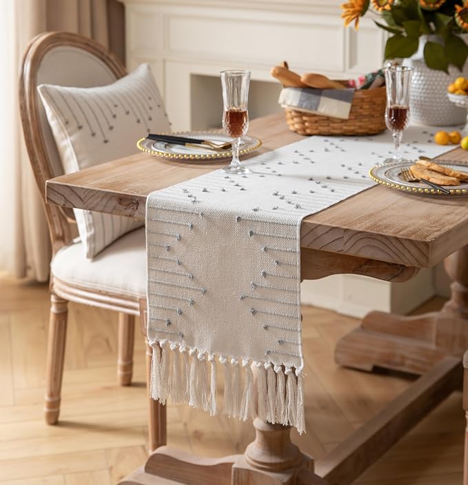 Boho Table Runner 13 x 72 Inch Long Natural Cotton Woven Runner - Image 2