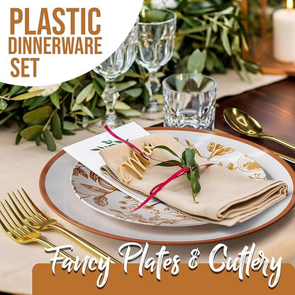 Trendables Fancy Plastic Dinnerware Sets 100 Pc Set 20 Guests Gold Silverware Disposable 20 X 10 Inch Charger Plates 20 X 8 Inch Dessert Plates 20 x Gold Plastic Forks and Spoons Knives In Pomegranate
