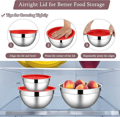 LIANYU Stainless Steel Mixing Bowls with Leak-Proof Lids, 3 Pieces Stainless Steel Deep Nesting Mixing Bowls for Kitchen Cooking, Storage, Baking, 1.5QT & 3QT & 4.6QT, Red
