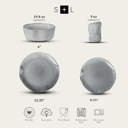 Stone by Mercer Project Atik Modern Stoneware 16-Piece Dinnerware Set, Plate and Bowl Set, Dish set for 4, Grey Speckled