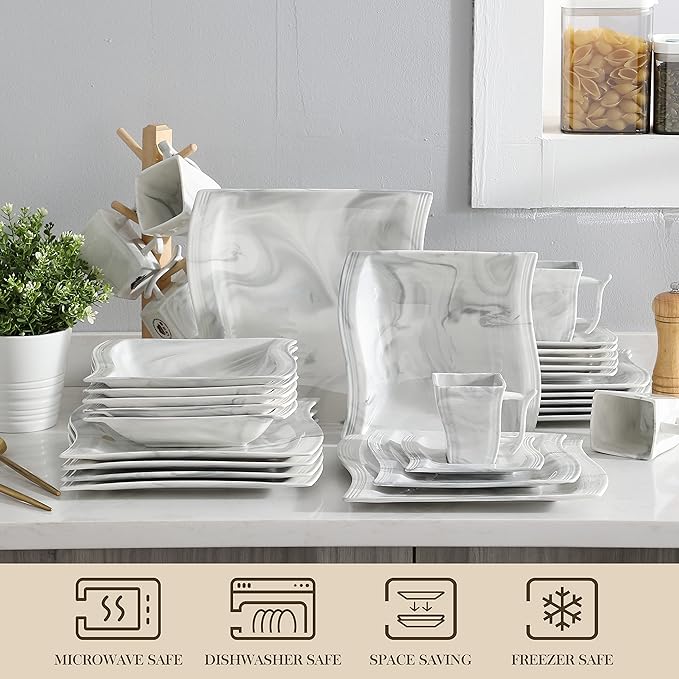MALACASA Plates and Bowls Sets, 30 Piece Porcelain Dinnerware Sets for 6, Square Dinnerware Set with Dinner Plate, Dessert Plate, Soup Plate, Cup and Saucer, Modern Dish Set, Marble Grey, Series Flora