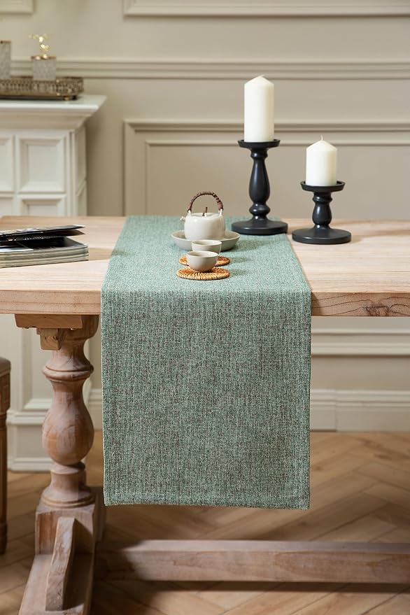 Burlap Style Farmhouse Table Runner, 14x60 Inches Mineral Green | Thick Durable - Image 2