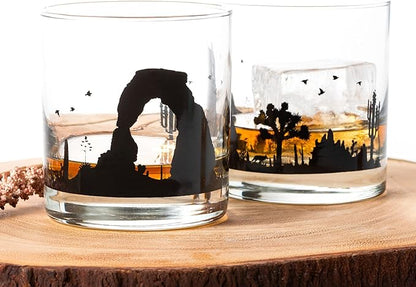 Black Lantern Desert Landscape Whiskey Glasses - Hand-Printed Rock Glass Set - Dishwasher Safe Tumbler Glass Set Set of 2 11oz. Glasses