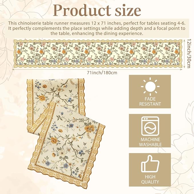 HunnmingRe Chinoiserie Table Runner Light Brown White Floral Table Runner - Image 3