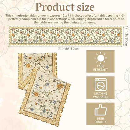 HunnmingRe Chinoiserie Table Runner Light Brown White Floral Table Runner - Image 3
