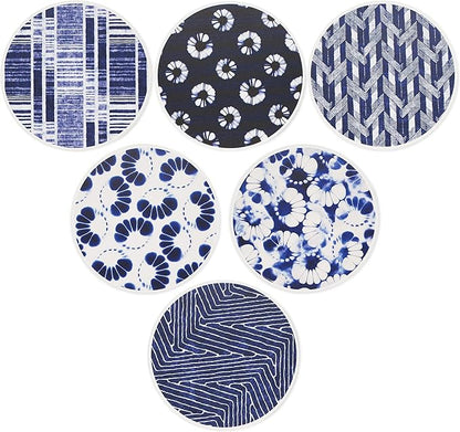 AD Set of 6 Coasters for Drinks Absorbing Round Ceramic Stone Coaster with Cork Base,Tabletop Protection Mat for Mugs and Cups,Office,Kitchen (Shibori with Holder)
