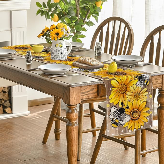 Artoid Mode Wood Sunflower Bee Flower Polka Dot Summer Table Runner, Seasonal - Image 4