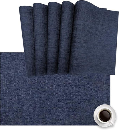 DACHUI Placemats Set of 6, Linen Look Woven Place Mats, Water Resistant, Heat Resistant, Washable, Durable Table Mats (Navy Blue)