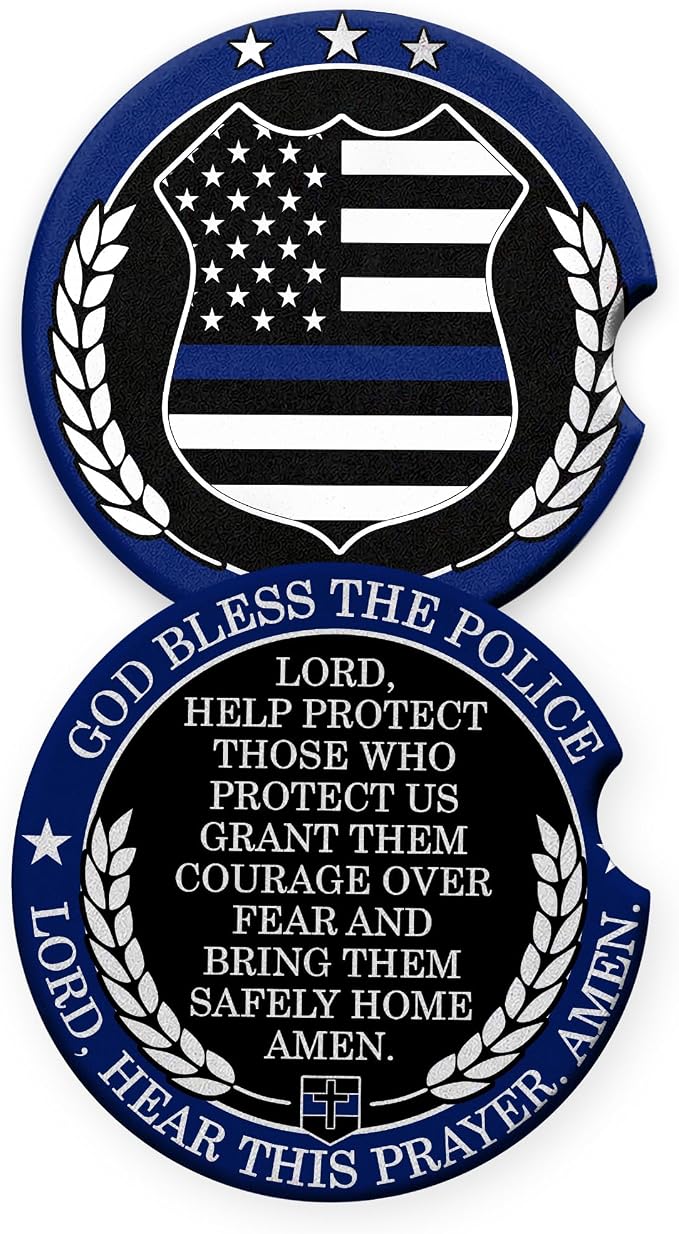 Police Car Coasters Set of 2 – God Bless The Police Prayer Ceramic Cup Holder by BOZSPACER
