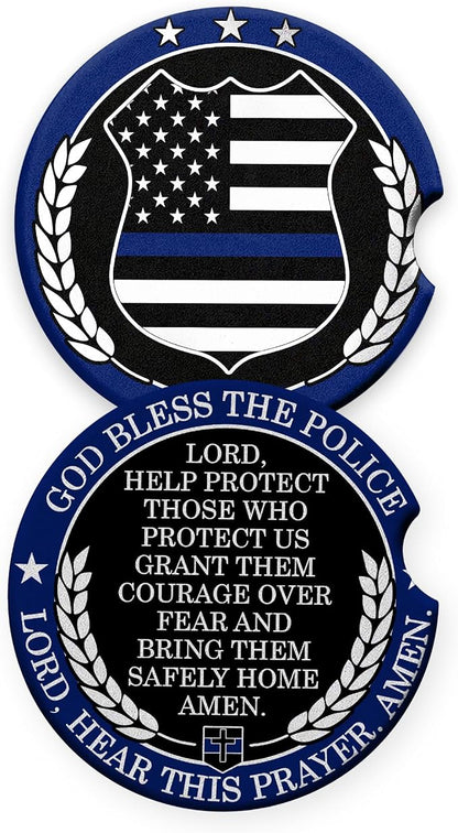 Police Car Coasters Set of 2 – God Bless The Police Prayer Ceramic Cup Holder by BOZSPACER