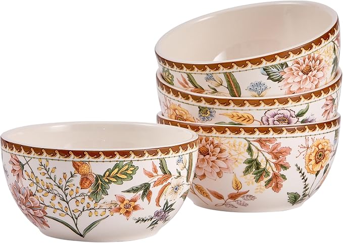 Bico Blooming Moment Cereal Bowls Set of 4, 26 oz Deep Ceramic Soup Bowls by Bico