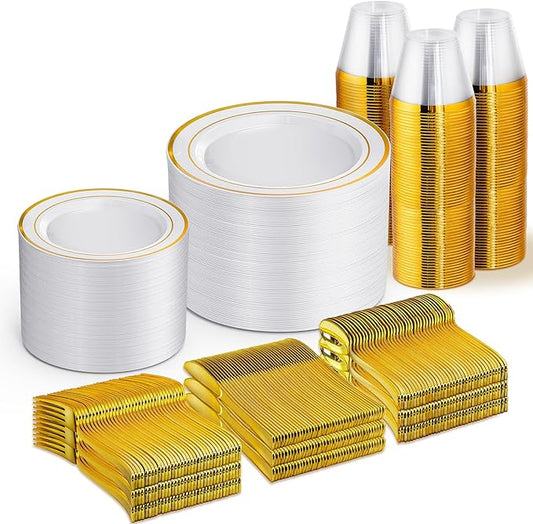 WELLIFE 600 PCS Gold & White Disposable Dinnerware Set for 100 Guests — White Plastic Plates with Gold Rim, Dinner & Salad Plates, Cups, Forks, Knives & Spoons for Weddings & Elegant Events