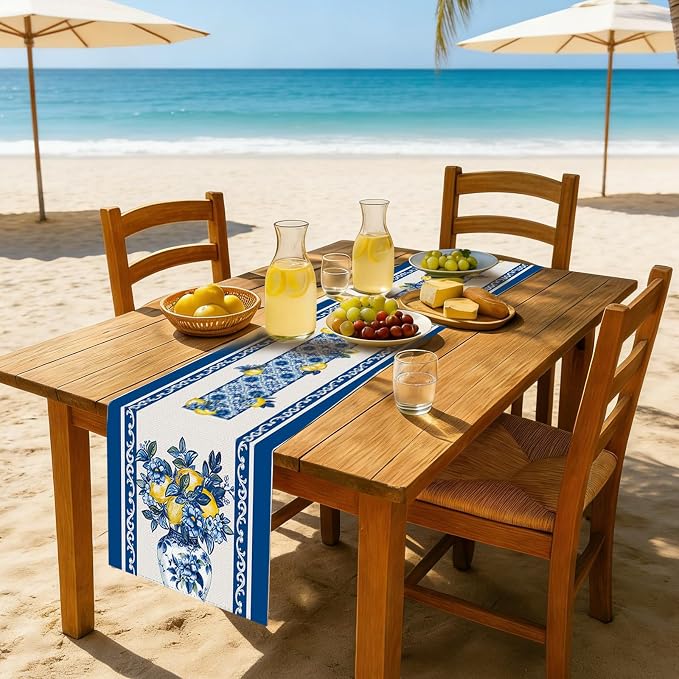 Summer Amalfi Coast Lemon Floral Table Runner Flowers Burlap Table Runners - Image 2