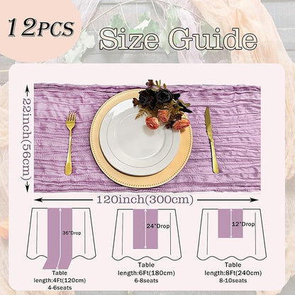 12 Pack Lavender Cheesecloth Table Runner 22x120 Inch-Naturally Dyed Colors Sheer Gauze Ivory Cheese Cloth Wedding Table Runner,Rustic Boho Crinkle Fabric, Reception, Bridal Shower