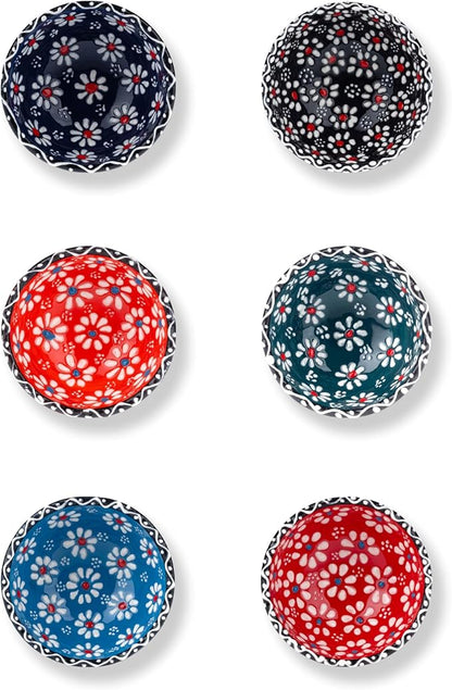 Ceramic Small Bowls, Dipping Bowls Set of 6, 3.5 Oz Soy Sauce Dish, Handmade Charcuterie Bowls, Colorful Pinch Bowls, Dishwasher & Microwave Safe Sauce Bowls, 3.2'' Mini Bowls (SULTAN'S GARDEN)