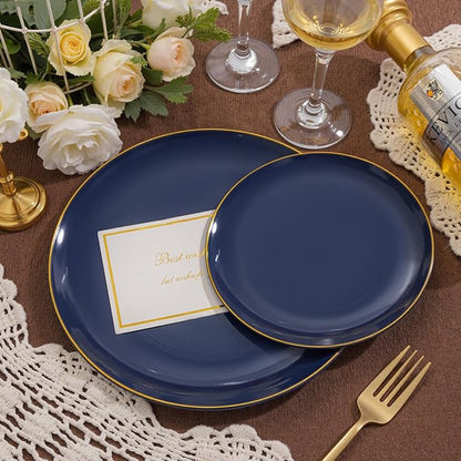 bUCLA 200PCS Blue Plastic Plates - Navy Blue Disposable with Gold Rim Include 100 Each (10 inch Dinner & 7 inch Dessert) Plates, Ideal for Party, Gathering and Hanukkah