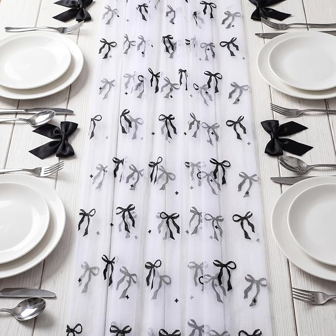 4 Pcs Black Bow Table Runners 29 x 70 Inch White Tulle Lace Table Runner - Image 3
