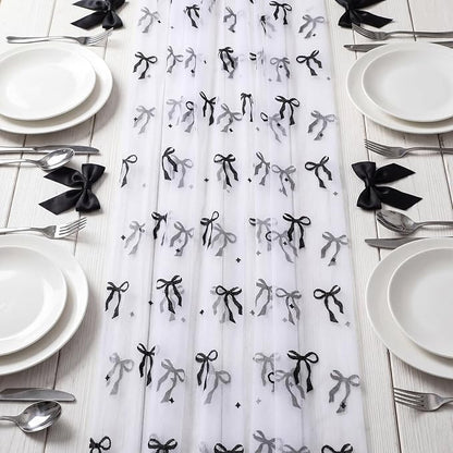 4 Pcs Black Bow Table Runners 29 x 70 Inch White Tulle Lace Table Runner - Image 3