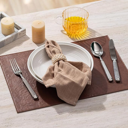 Faux Leather Placemats Set of 6 Vinyl Washable Wipeable Table Mats for Kitchen Dining Table Heat Resistant Waterproof Indoor/Outdoor Placemats Non-Slip Easy Clean Place Mats (Reddish Brown)