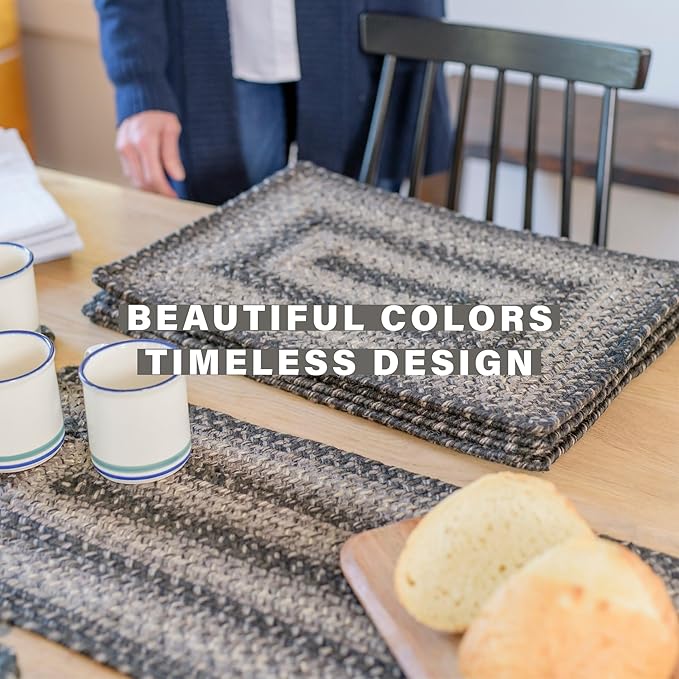 Homespice Flint Hill Jute Woven Placemats, Warm Primitive Decor, Set of 4, Grey 13x19 Rectangle Table Mats - Vibrant Colors, Durable, Easy to Clean and Protects Furniture