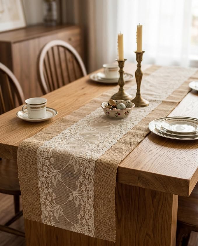 Burlap Table Runner with Lace, Rustic Farmhouse Table Runners - Image 2