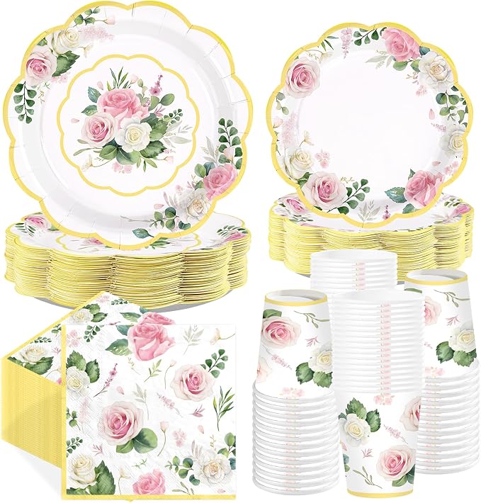 250 Pcs Floral Tea Themed Party Decorations, Serves 50 | Pink Floral Scalloped by Greencian