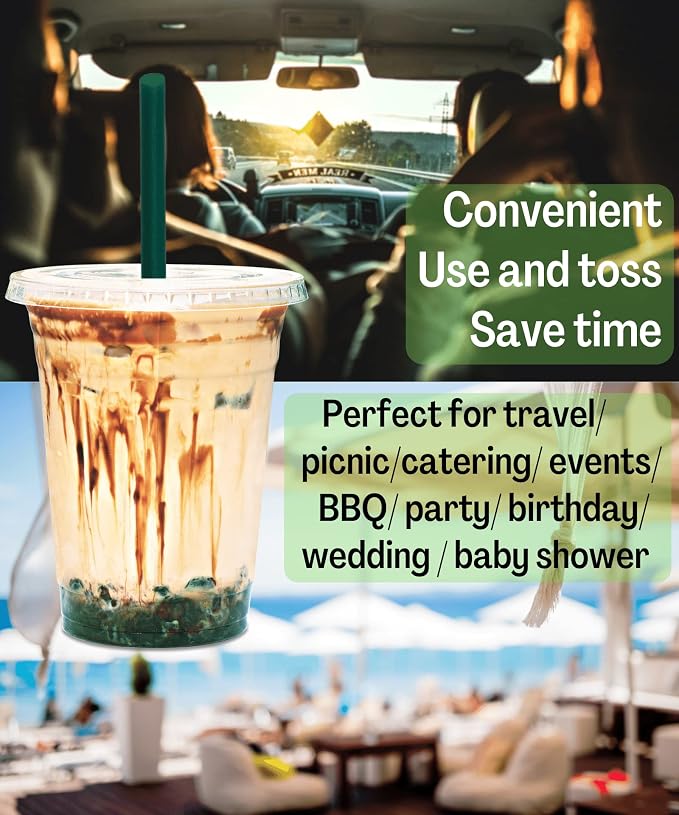 12 oz Clear Plastic Cups with Lids and STRAWS, Disposable Drinking Cups - Image 4