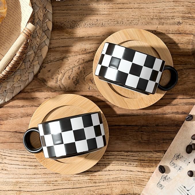LUKA 6 Ounce Ceramic Stackable Black and White Checkered Espresso Cups - Image 5