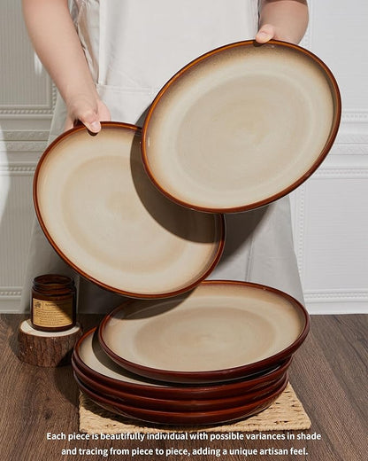 10 Inch Dinner Plates Set of 6, Stoneware Round Salad Dessert Plates, Serving Plates, Microwave & Dishwasher Safe, Brown and Yellow