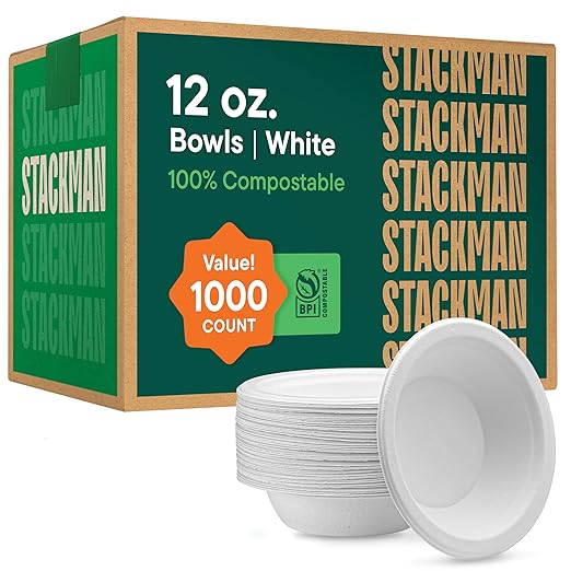 100% Compostable Paper Bowls 12 oz. [1000 Count] Heavy-Duty Soup Bowls - Natural White Color Unbleached Bagasse Bowls - Eco-Friendly Disposable Biodegradable Sugarcane - [Bulk Case 8 x 125 Pack]