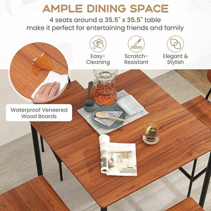 Giantex 5-Piece Dining Table Set W/Counter Height Table & 4 Bar Stools, Industrial Kitchen Dining Table Set W/Footrest & Backrest, Space-Saving Dinette Set for Pub, Dining Room, Restaurant (Walnut)