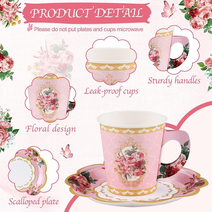 NatNarr 128 Pcs Disposable Paper Tea Cups, 7 OZ Floral Tea Party Cups | - Image 3