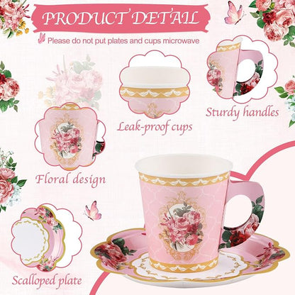 NatNarr 128 Pcs Disposable Paper Tea Cups, 7 OZ Floral Tea Party Cups | - Image 3