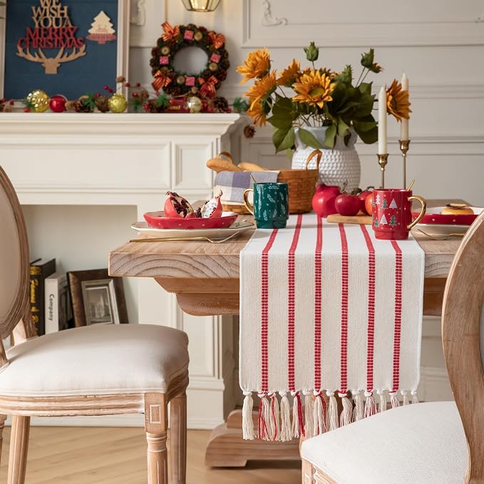 Caflife Christmas Table Runner 72 Inchs Long, Cotton and Linen Woven - Image 2