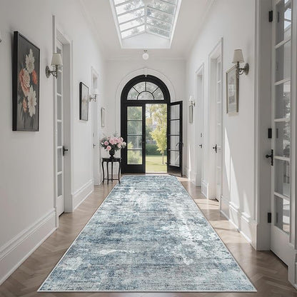 Runner Rug 2'x10' Abstract Washable Non-Slip Runner Rugs for Kitchen Bathroom Laundry Room Blue Vintage Floor Carpet Runners for Hallway Entryway