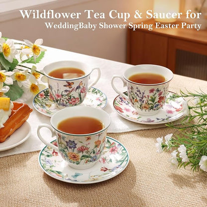 Tea Cups and Saucers, 8 OZ Wildflower Porcelain Tea Cup - Image 4